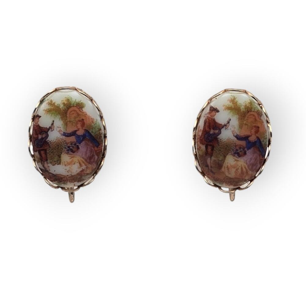 Courting Couple Porcelain Clip-On Earrings Vintage – Victorian Romance